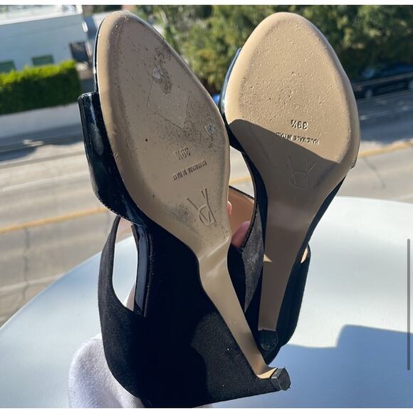 Paul Andrew Black Open Toe Patent Velvet Wedge Sandals - Picture 7 of 14